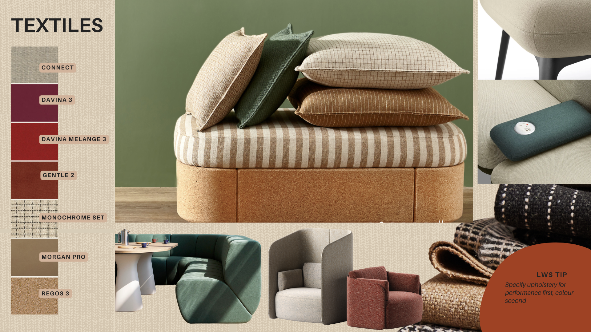 Contemporary office furniture with Camira upholstery in autumn green, rust and neutral fabrics