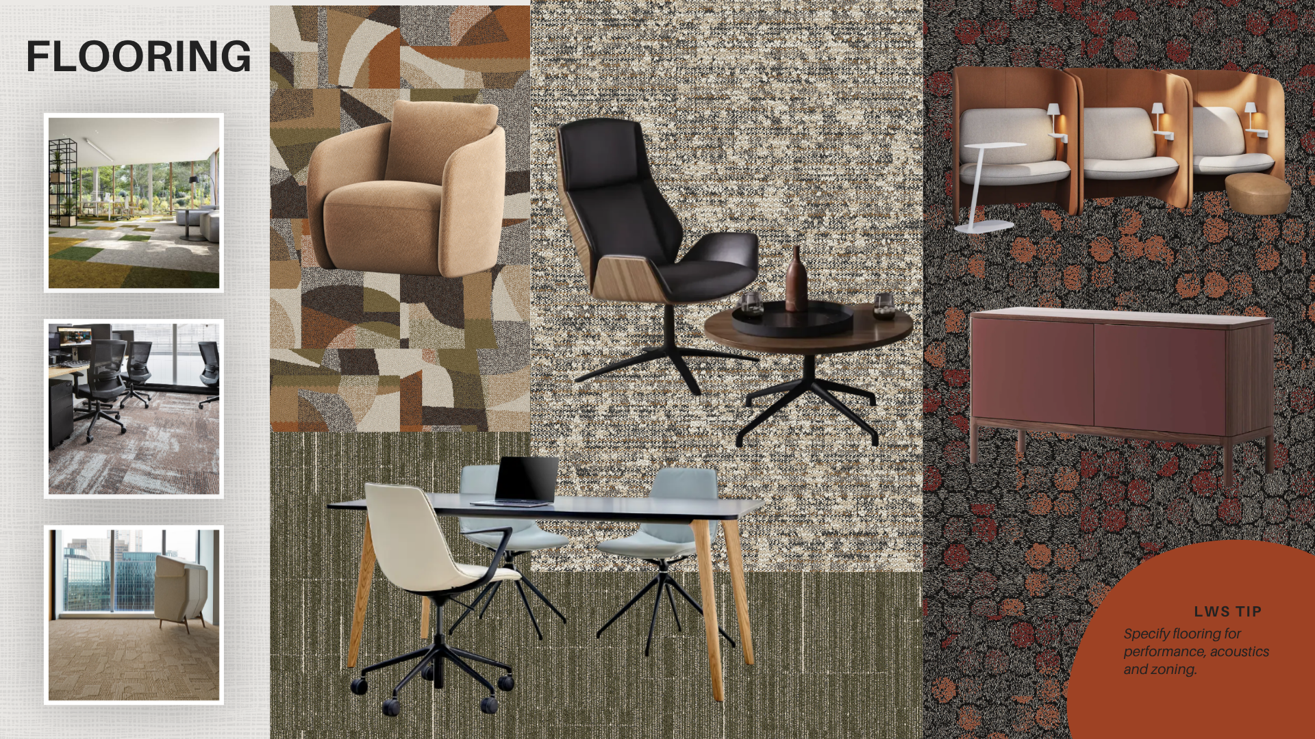 Commercial office carpet with contemporary workplace furniture in natural autumn colours